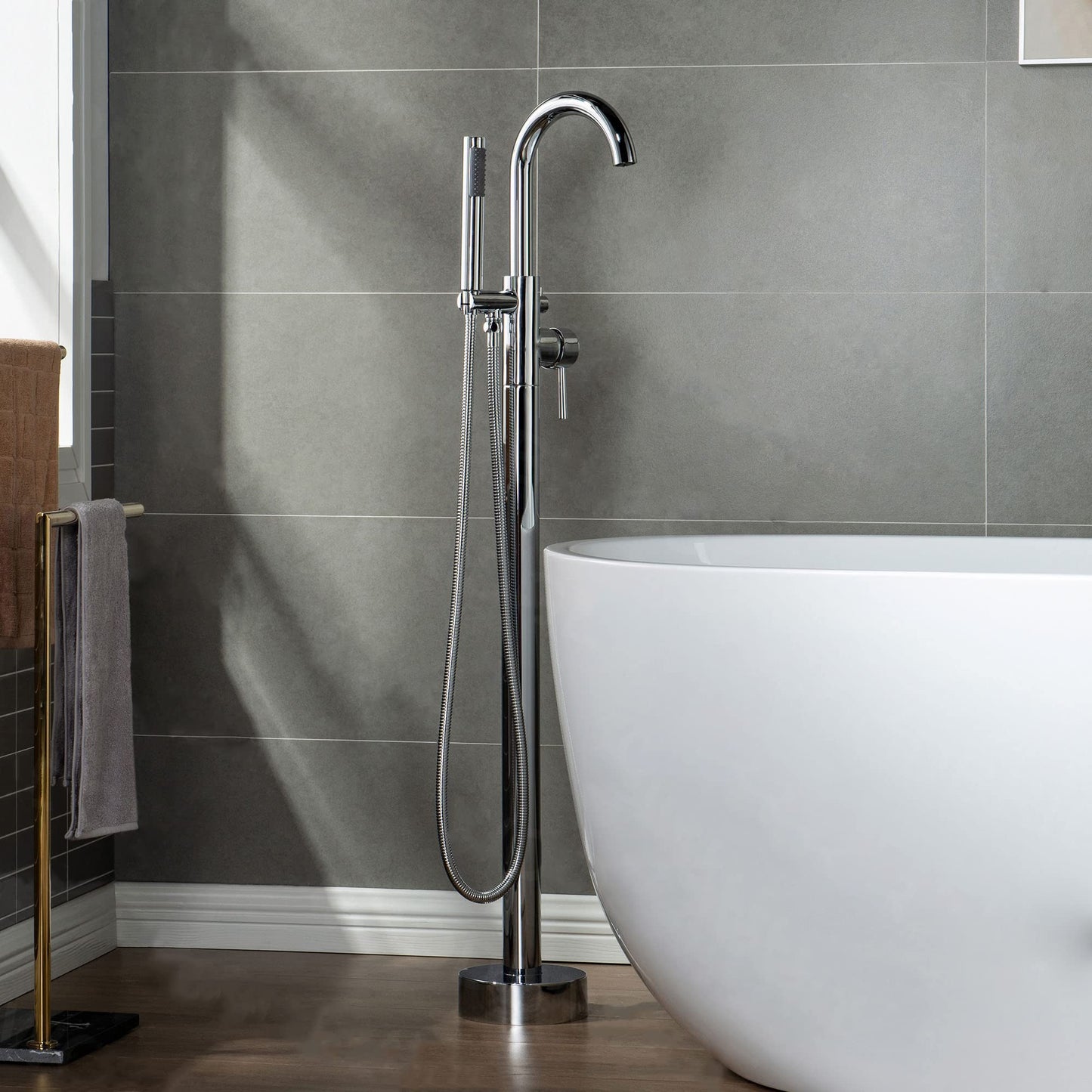 WOODBRIDGE Contemporary Single Handle Floor Mount Freestanding Tub Filler Faucet with Hand shower in Chrome Finish,F0002CHRD