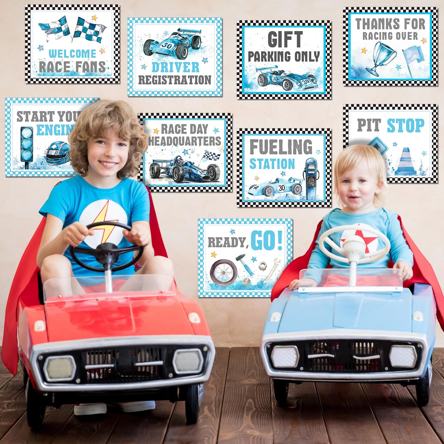 Blulu 9 Pcs Racing Car Party Decoration Racing Race Sign Black Laminated Sign Car Theme Party Supplies Paper Cutouts with 40 Glue Point (Fresh Style)