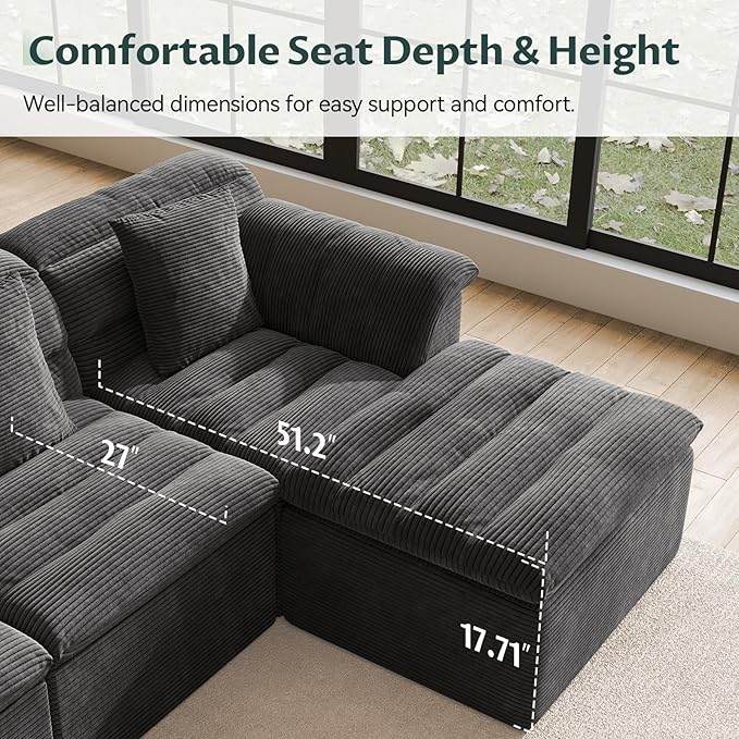 SUNG7 172" Modular Sofa with Ottoman, Boneless Cloud Couch with Deep Seat, Comfy U-Shape Corduroy Couches for Living Room, No Assembly Required, Dark Gray