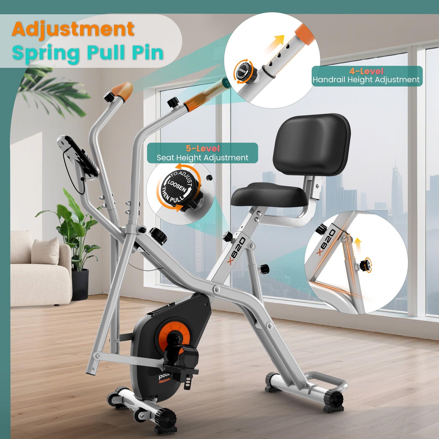 Pooboo Foldable 2-in-1 Exercise Bike, Elliptical & Stationary Cycling Mode, 8-Level Magnetic Resistance, Silent Indoor Fitness Bike for Home & Rehab, Adjustable Seat & Handrail, LCD Monitor, 300LBS Weight Capacity, Silver Black