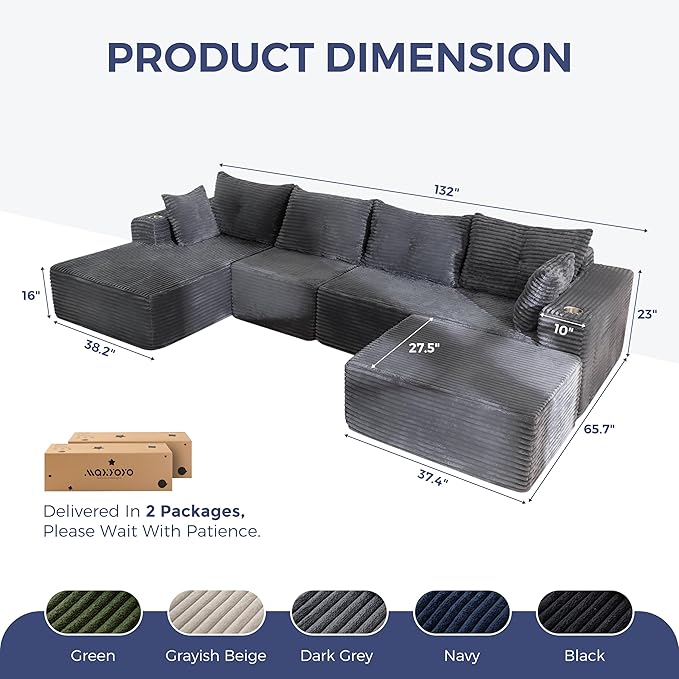 MAXYOYO 132" Giant U-Shaped Modular Sectional Couch, Modern Boneless Couch for Living Room, Sofa in A Box, Oversized Sofa Sleeper with Deep Seat, No Assembly Required, Dark Grey