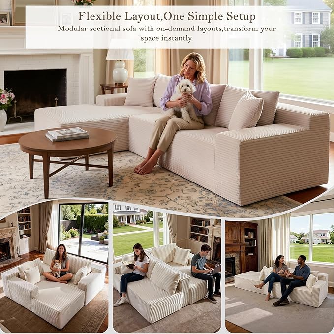 105’’ L-Shape Modular Sectional Sofa with Chaise, Convertible Cloud Couch, Corduroy Fabric & High-Density Memory Foam, No Assembly Required for Living Room (Beige, Left Facing Chaise)