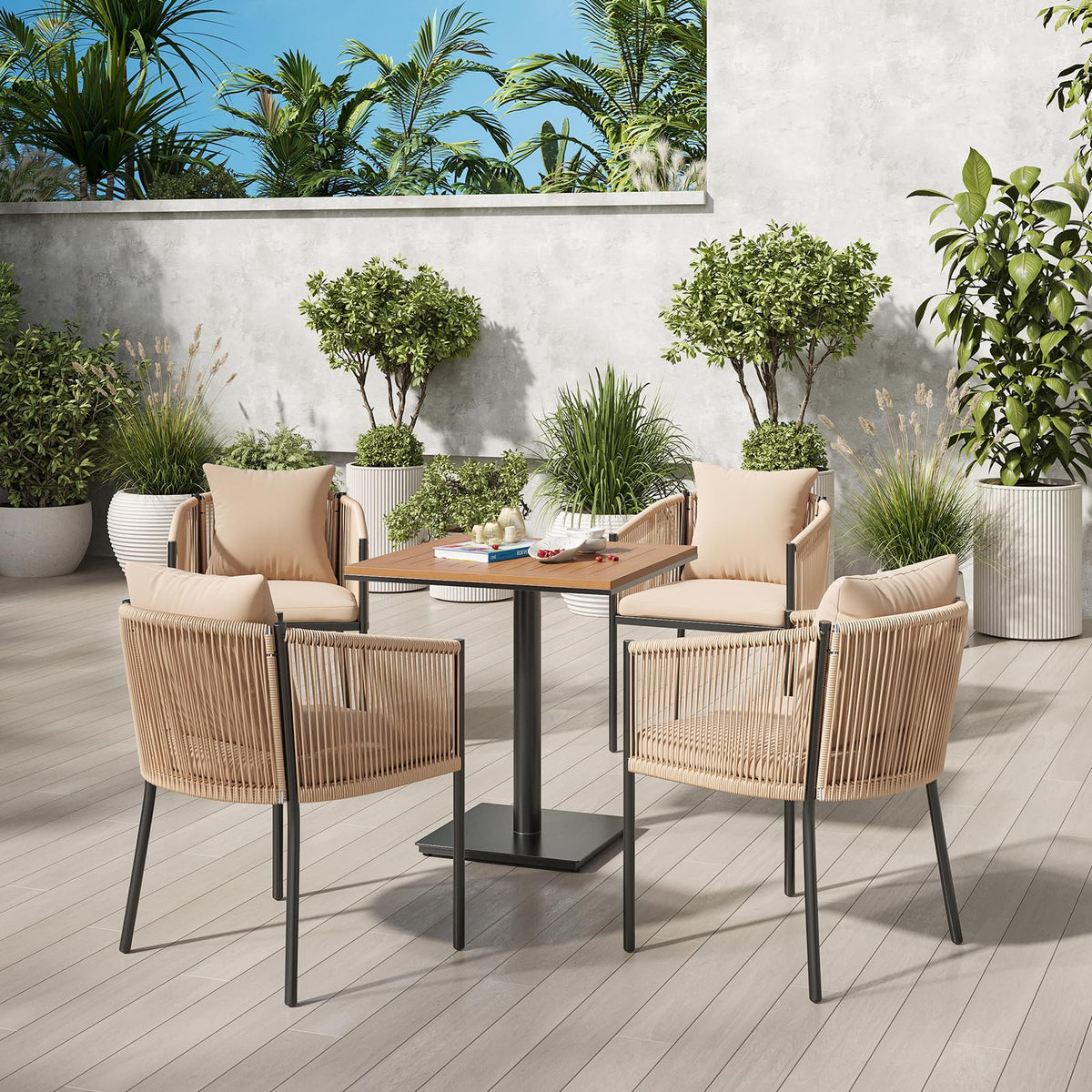 Soohow 4 Pieces Outdoor Chairs, Patio Dining Chairs, Rattan Wicker Chair Set with Cushions for Garden, Deck, Backyard(Beige)