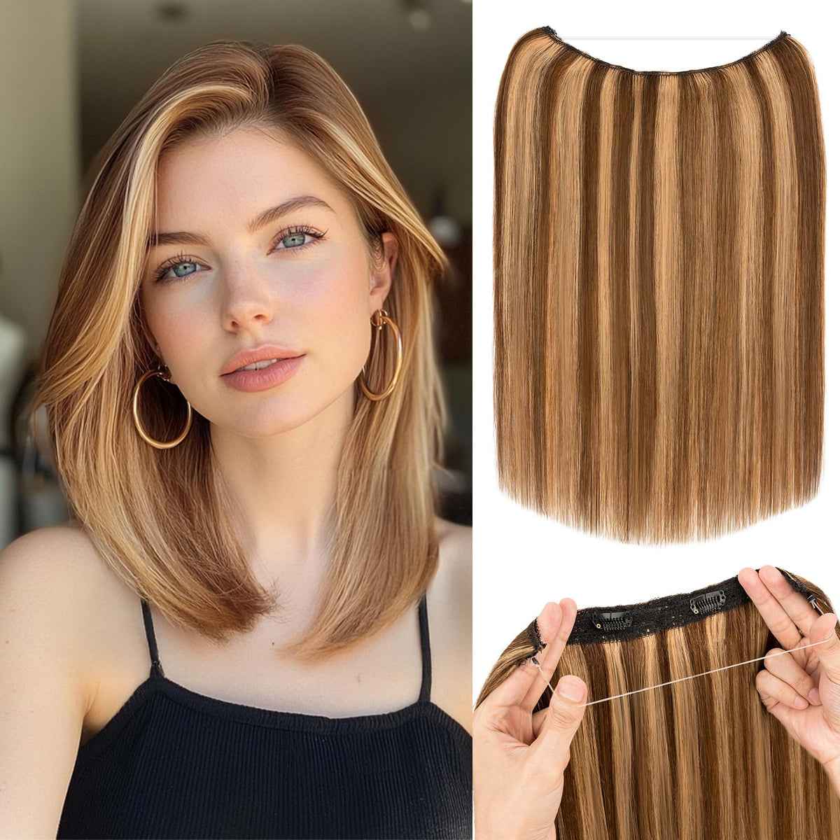 S-noilite Halo Hair Extensions Real Human Hair 14inch Short Straight Halo Hair Extensions for Women Adjustable Medium Brown/Dark