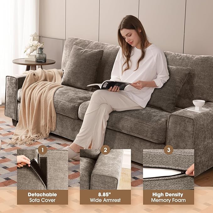 DOPEDIO Modern Loveseat Sofa for Living Room,Chenille Recliner, Removable Cover, Spring Cushions, Solid Wood Frame, Easy Assembly for Small Spaces (88.58inch，Brown)