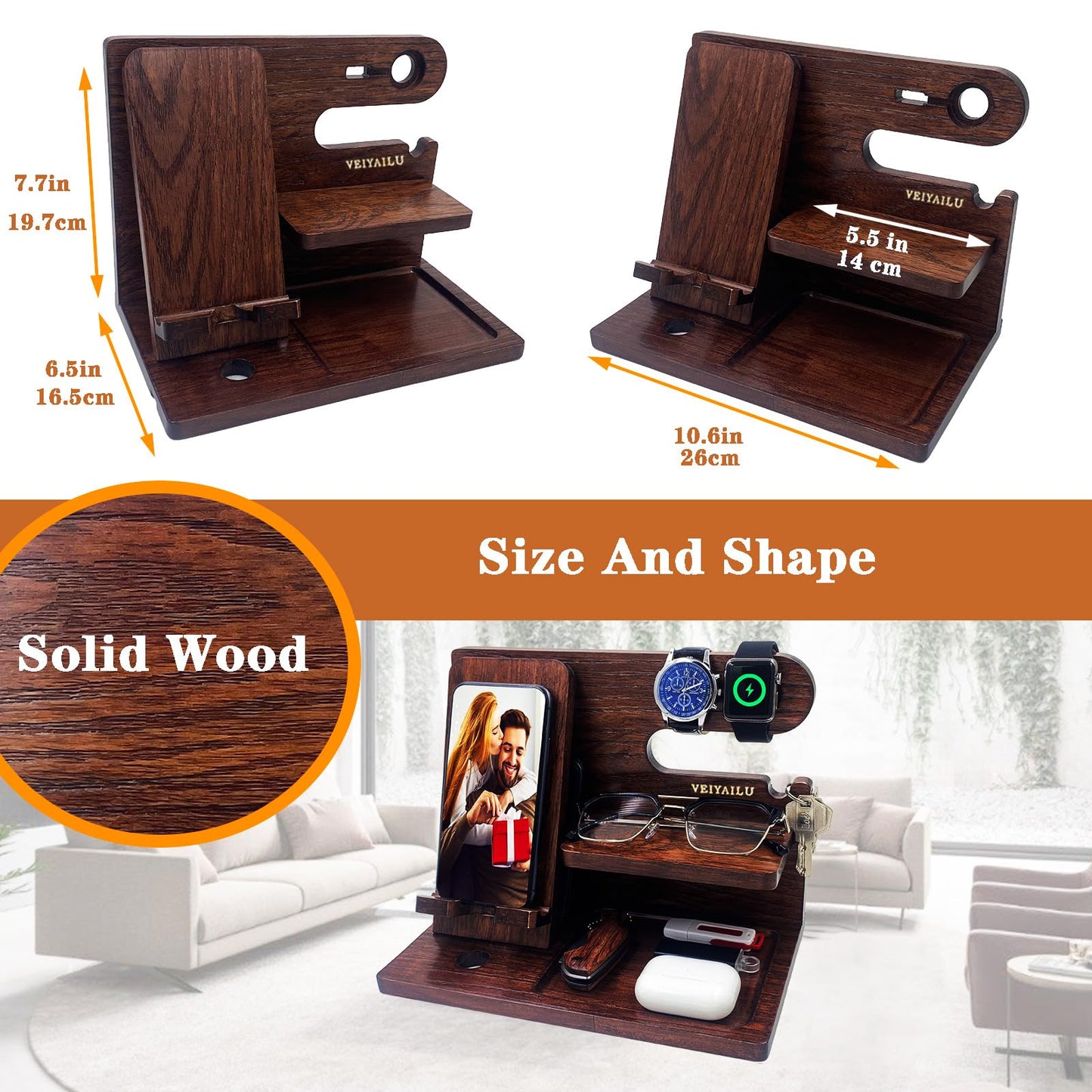 VEIYAILU Gifts for Men Women Brother Boss Boyfriend Him Nightstand Organizer Gifts for Dad from Daughter Son Wood Phone Docking Station (Dark Brown)