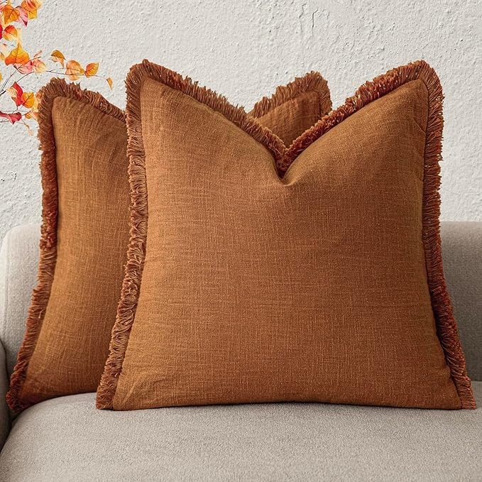 Foindtower Set of 2 Decorative Linen Fringe Throw Pillow Covers Cozy Boho Farmhouse Cushion Cover with Tassels Soft Accent Pillowcase for Couch Sofa Bed Living Room Home Decor, 16×16 Inch, Orange