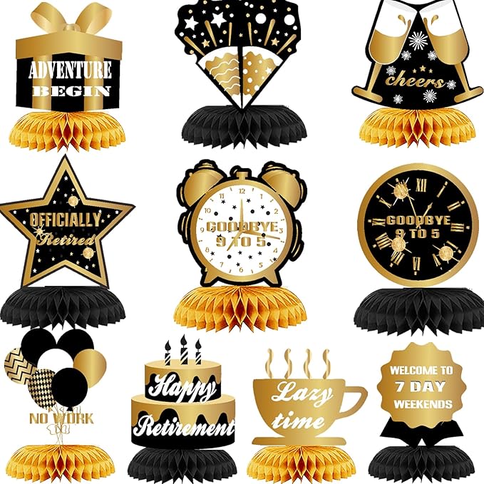 WINPOGEE 10Pcs Happy Retirement Decorations Table Honeycomb Centerpieces Party Supplies Black Gold Retirement Adventure Aw...