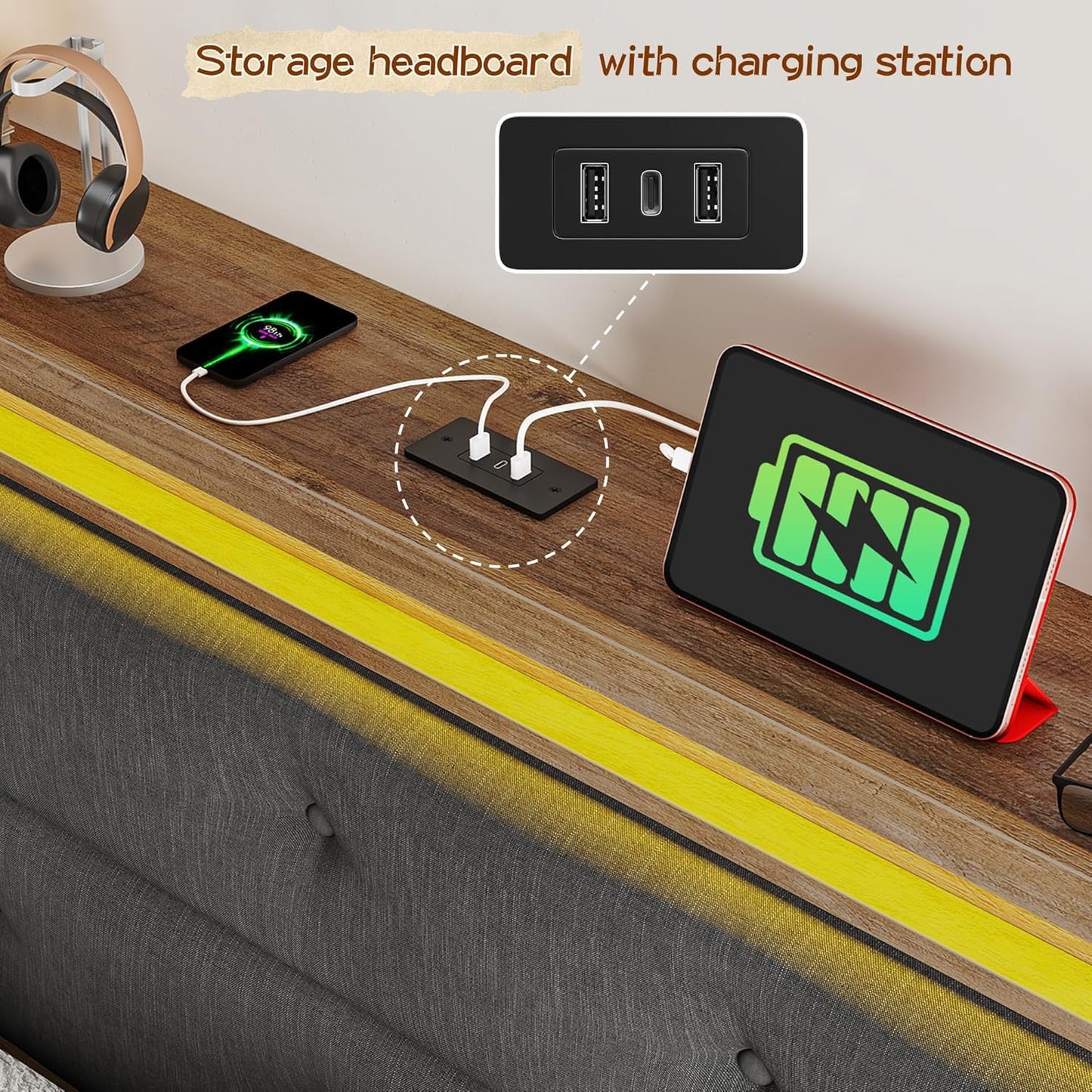 EnHomee Queen Bed Frame, Queen Size Bed Frame Solid Wooden Platform with Built in Charging Station & Upholstered Headboard LED, No Noise, Easy Assembly, No Box Spring Needed