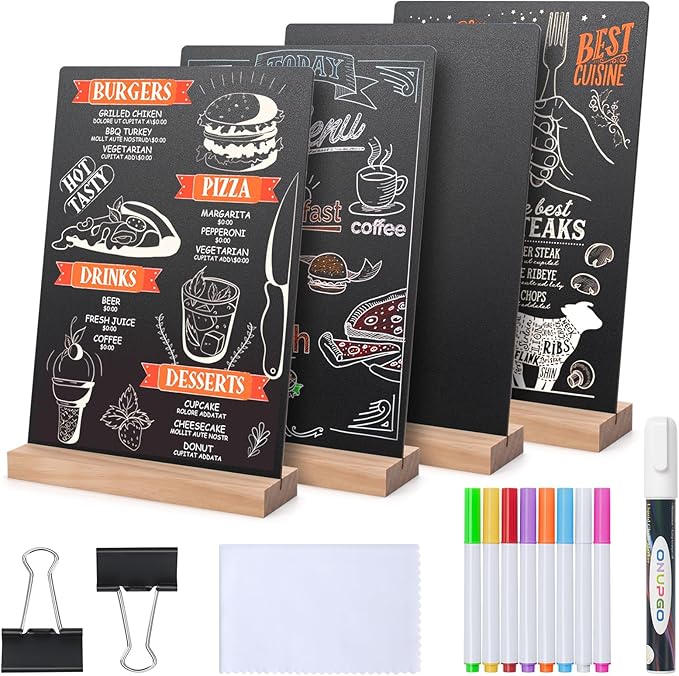 ONUPGO Set of 4 Tabletop Chalkboard Sign with Base Stand, 8 x12 Inch Menu Chalk Board Sign Store Food Signs, Message Board...