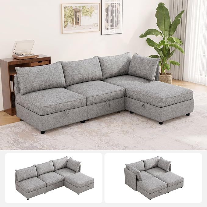 FIRLZY Modular Sectional 4 Seater Sofa with Removable Covers and Storage, Convertible L-Shaped and Sleeper Sectional, Modern Upholstered Couch with Removable Ottoman for Living Room, Gray