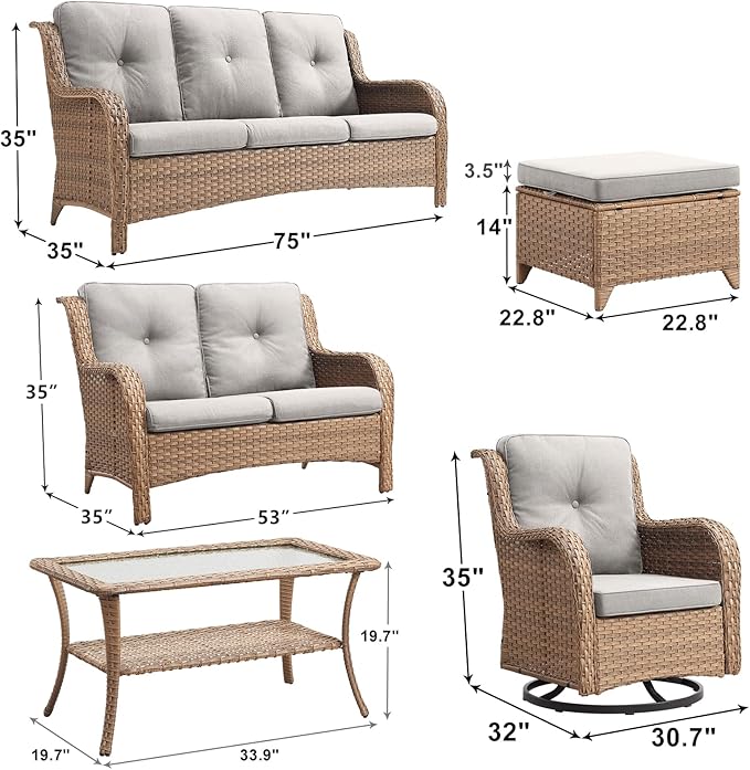 Rilyson Patio Furniture Swivel Chairs Set - 7 PC Wicker Rattan Outdoor Sectional Conversation Sets with 2 Rocking Chair,2 Ottoman,1 Sofa,1 Loveseat and 1 Coffee Table for Porch Deck(Yellow/Beige)