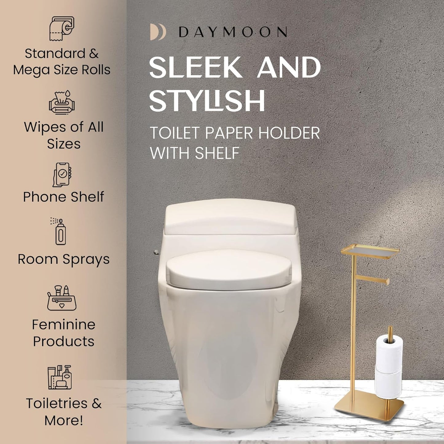 Day Moon™ Gold Toilet Paper Holder Free Standing Toilet Paper Holder with Storage - Toilet Paper Stand and Tissue Holder for Bathroom - Toilet Paper Holder with Shelf and Wipe Holder