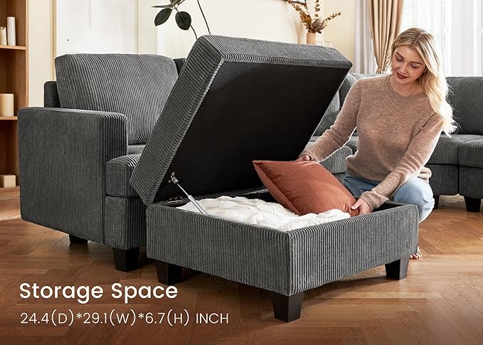 Nolany Sectional Couch with Storage Ottoman, Corduroy Sleeper Sectional Sofa with Chaise, Modular Sectional Couches for Living Room, Dark Grey