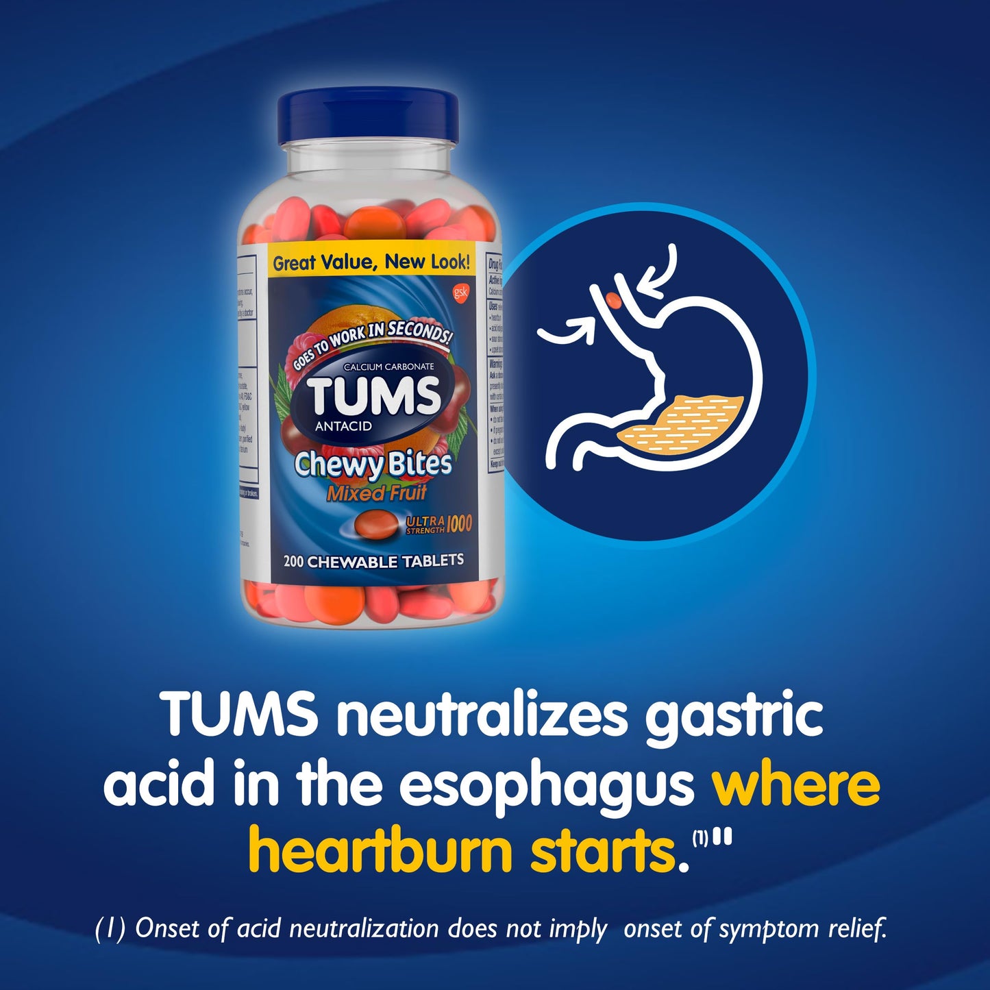TUMS Chewy Bites Chewable Antacid Tablets for Ultra Strength Heartburn Relief, Mixed Fruit - 200 Count