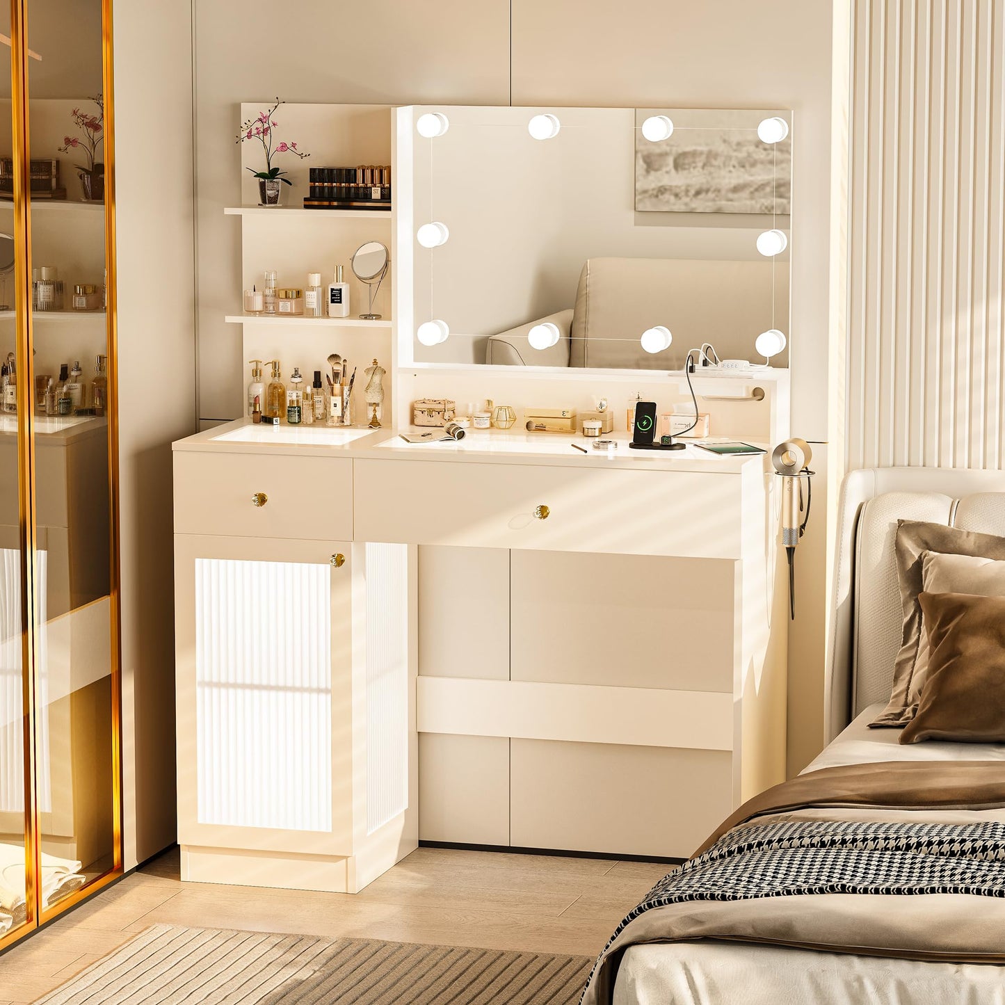 INNOD 40" Vanity Desk with Large Mirror and Lights, Modern Glass Top Makeup Vanity Set with Power Outlet, Drawers and Cabinet, 3 Lighting Color Adjustable Dressing Table for Bedroom,White