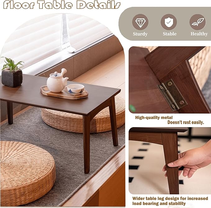 Kuabner Bamboo Coffee Table Foldable Japanese Floor Desk Folding Low Tea Table No Assembly 26x16x12in Portable Bedroom Living Room Furniture for Dining Working Studing Relaxing (Chestnut, Large)