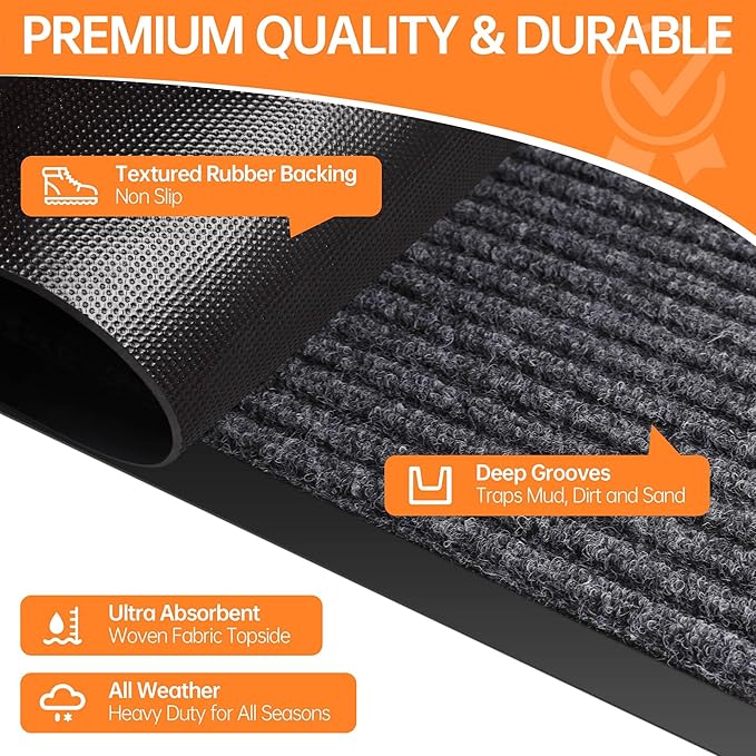 Indoor Outdoor Door Mat, 5’ x 3' Doormat for Entryway, Rubber Backing Non Slip Front Door Mat Outside Entrance, Super Absorbent Commercial Floor Mat for Home Office