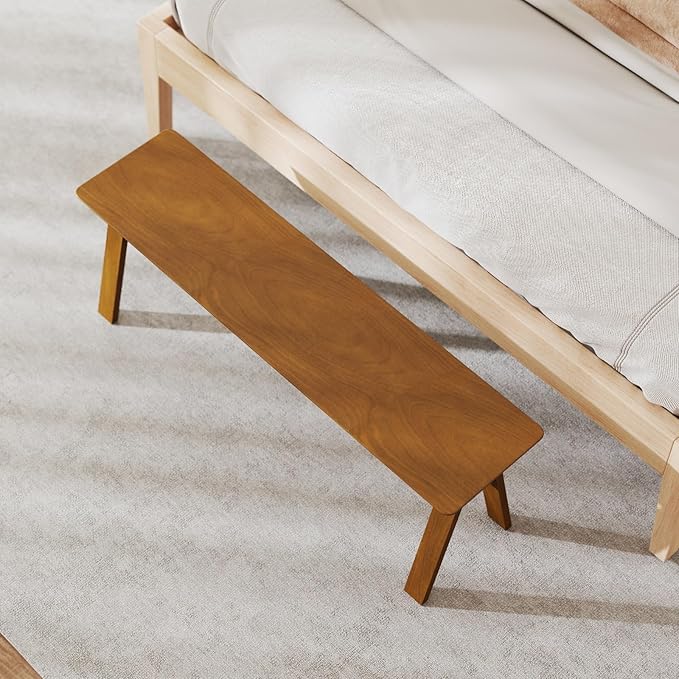 DUOMAY Solid Wood Long Dining Bench, 47" Wide Farmhouse Bench with A-Shaped Legs Mid Century Modern Entryway Bench Shoe Bench for Hallway End of Bed, Walnut Color