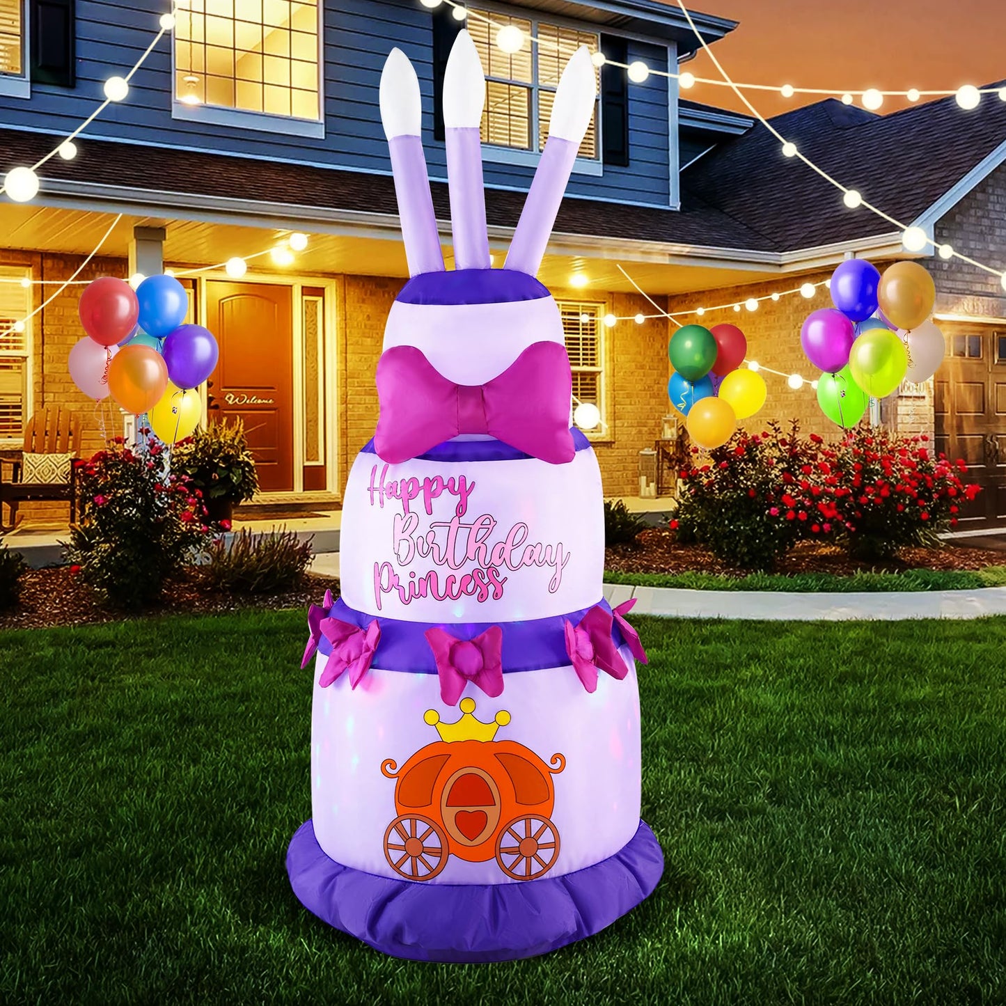 GIFTFIND 4.5Ft Inflatable Birthday Cake with Rotating Fairy Lights, Outdoor Birthday Party Decoration Cake with Candles, Holiday Blow Up Celebration Decor for Indoor Outdoor Yard Lawn, Pink Princess