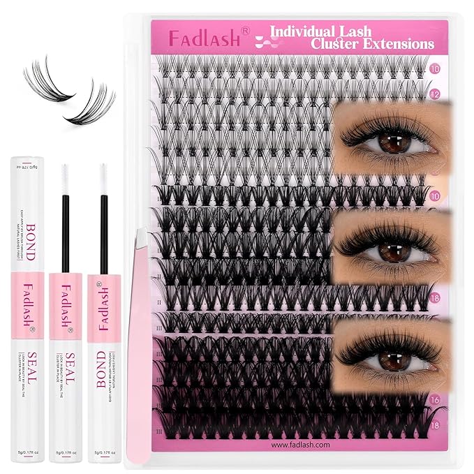 FADLASH Lash Extension Kit 20D+40D+50D Lash Clusters C Curl Lash Cluster Kit DIY Eyelash Extension Kit with Lash Bond and Seal Lash Tweezer Cluster Lashes (Kit, 20D+40D+50D-07C-Mix10-18)