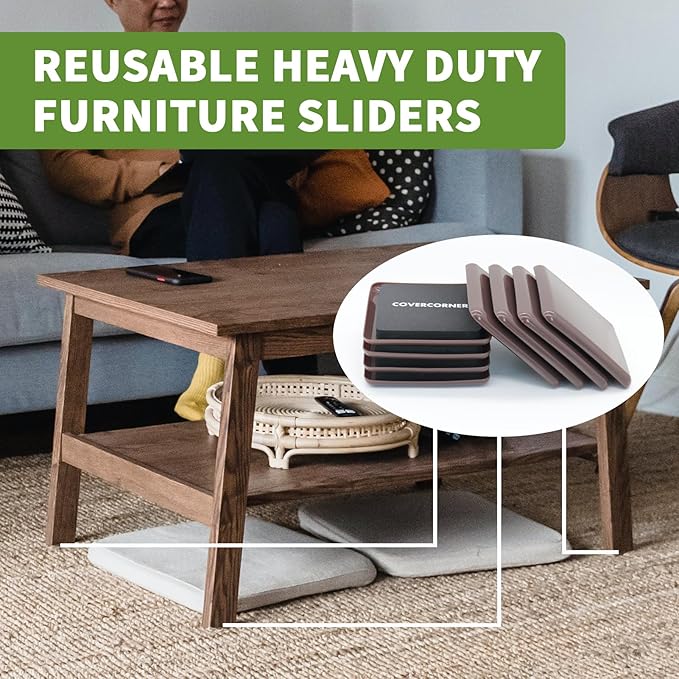 COVERCORNER Furniture Sliders for Carpet 16 PCS - 3 1/2 inch Furniture Moving Slider Chair Legs Floors Protectors Square Furniture Movers Sliders – Move Your Furniture Easy & Safely(for Carpet)-Brown