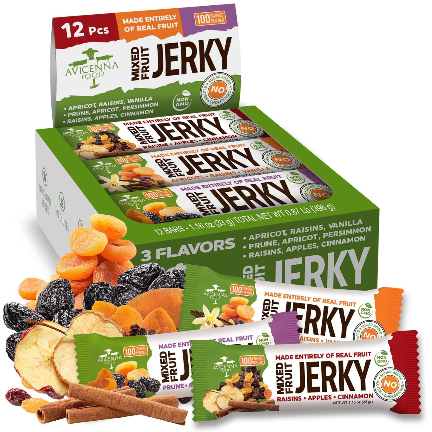 AVICENNA FOOD Variety Pack Natural Fruit Bar, No Added Sugar, Gluten Free, Non GMO, High Fiber Healthy Snacks for Adults and Kids, dried Fruit Jerky (12 Pack)