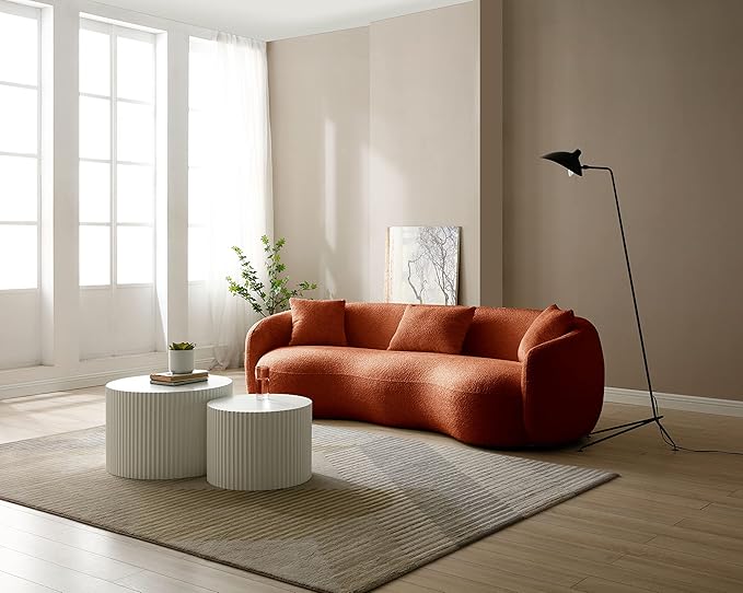 KEIKI 94" Boucle Half Moon Curved Sectional Sofa with 3 Throw Pillows, Modern 4-Seater Teddy Fleece Leisure Couch with Curved Backrest, Easy Assembly, for Living Room, Bedroom, Brown