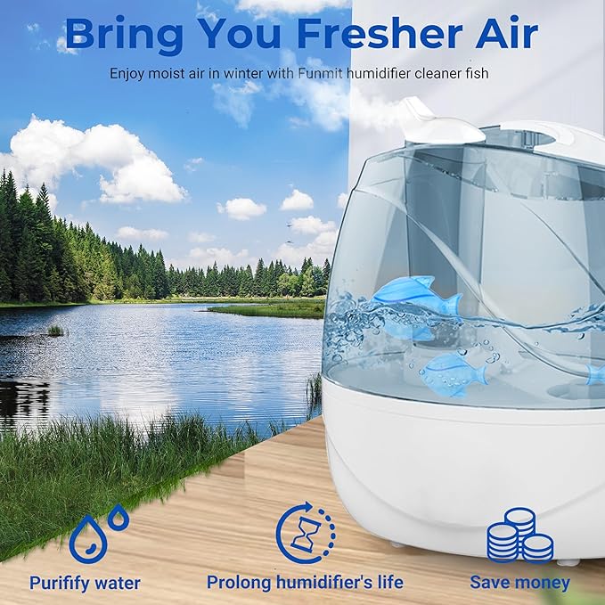 Funmit Humidifier Cleaning Fish, 12 Pack Humidifier Cleaner for Humidifiers and Fish Tanks, Purifies Water, Prevents Hard Water Build-Up, Reduces Scale, Blue