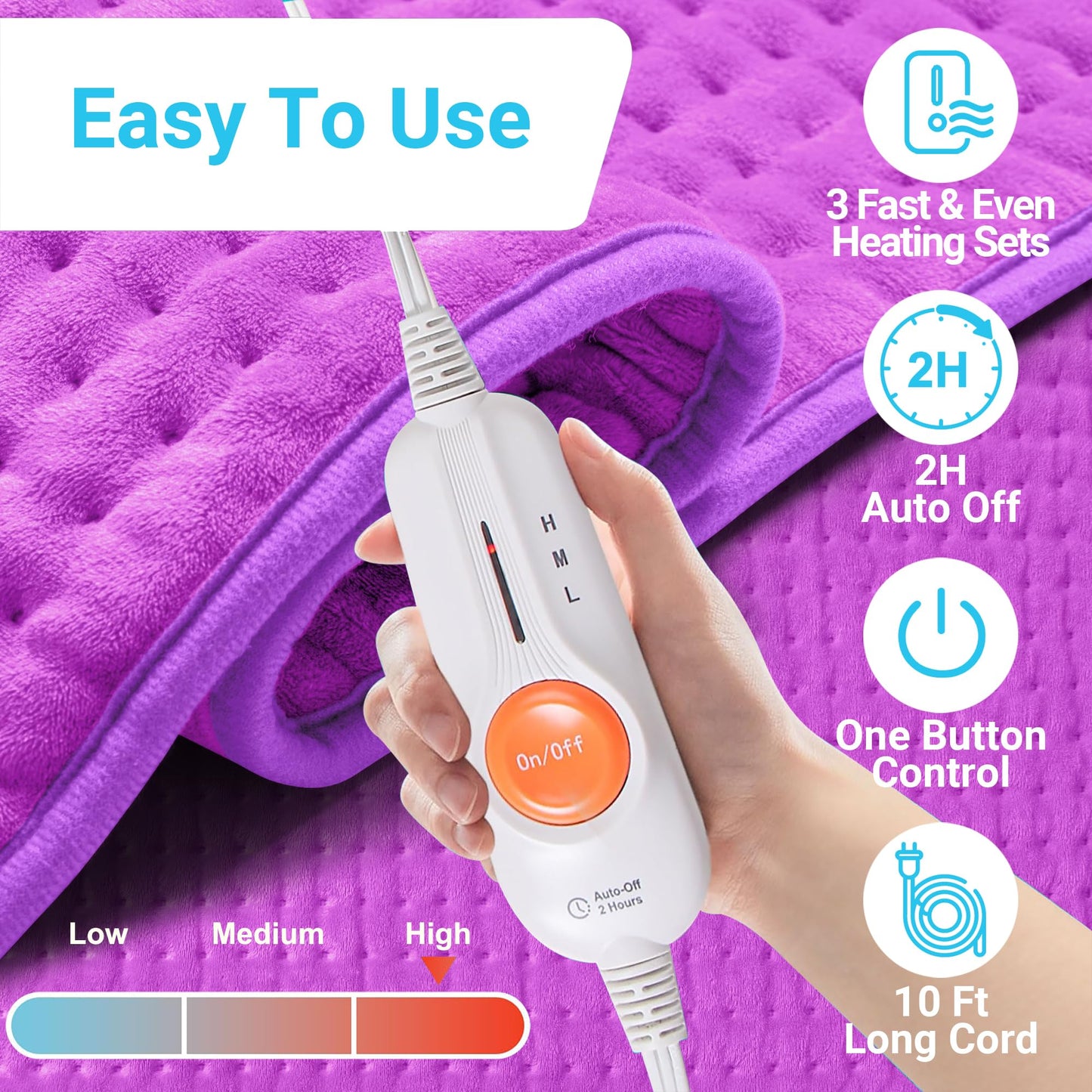 Boileau Electric Heating Pad for Back Pain and Period Cramps Relief, 17"x33" Extra Large XXXL, 3 Heating Levels Heat Pad with 2-Hour Auto Shut Off, Gifts for Women and Mom, Purple