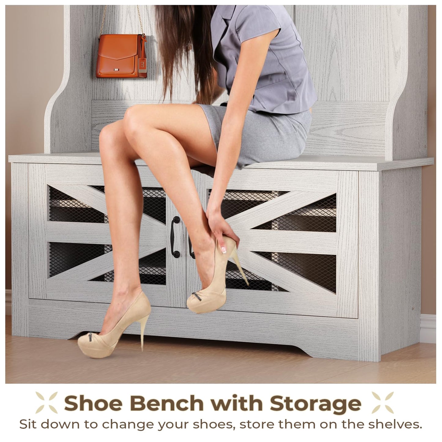 Itaar Hall Tree with Bench and Shoe Storage, 5-in-1 Entryway Bench with Coat Rack, 10 Shoe Cubbies & 9 Coat Hooks, Barn Door & Adjustable Shelf (Embossed White)