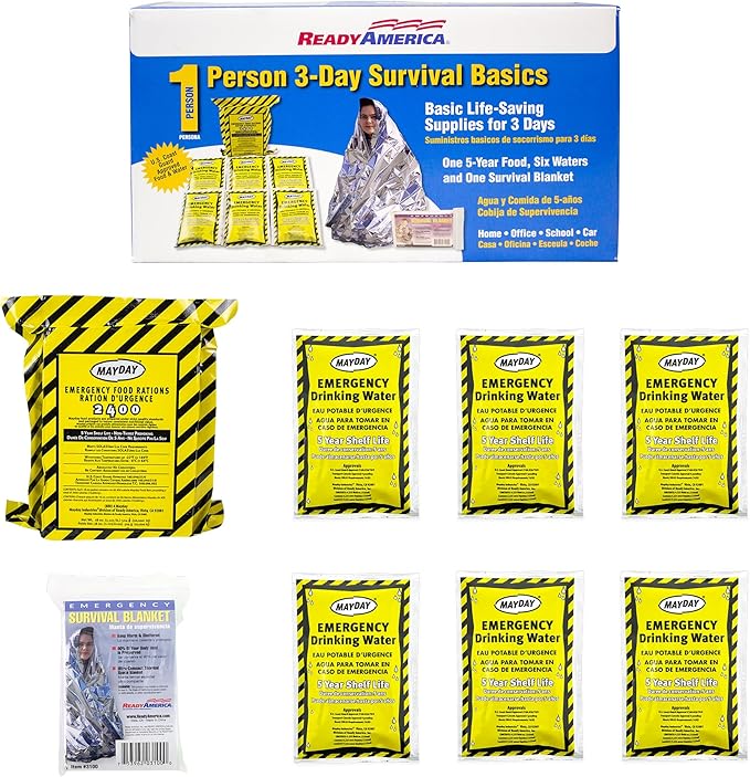 Ready America The Survival Box, 1-Person, 3-Day Emergency Kit Includes 5 Year Emergency Food, Water, Emergency Blanket Por...
