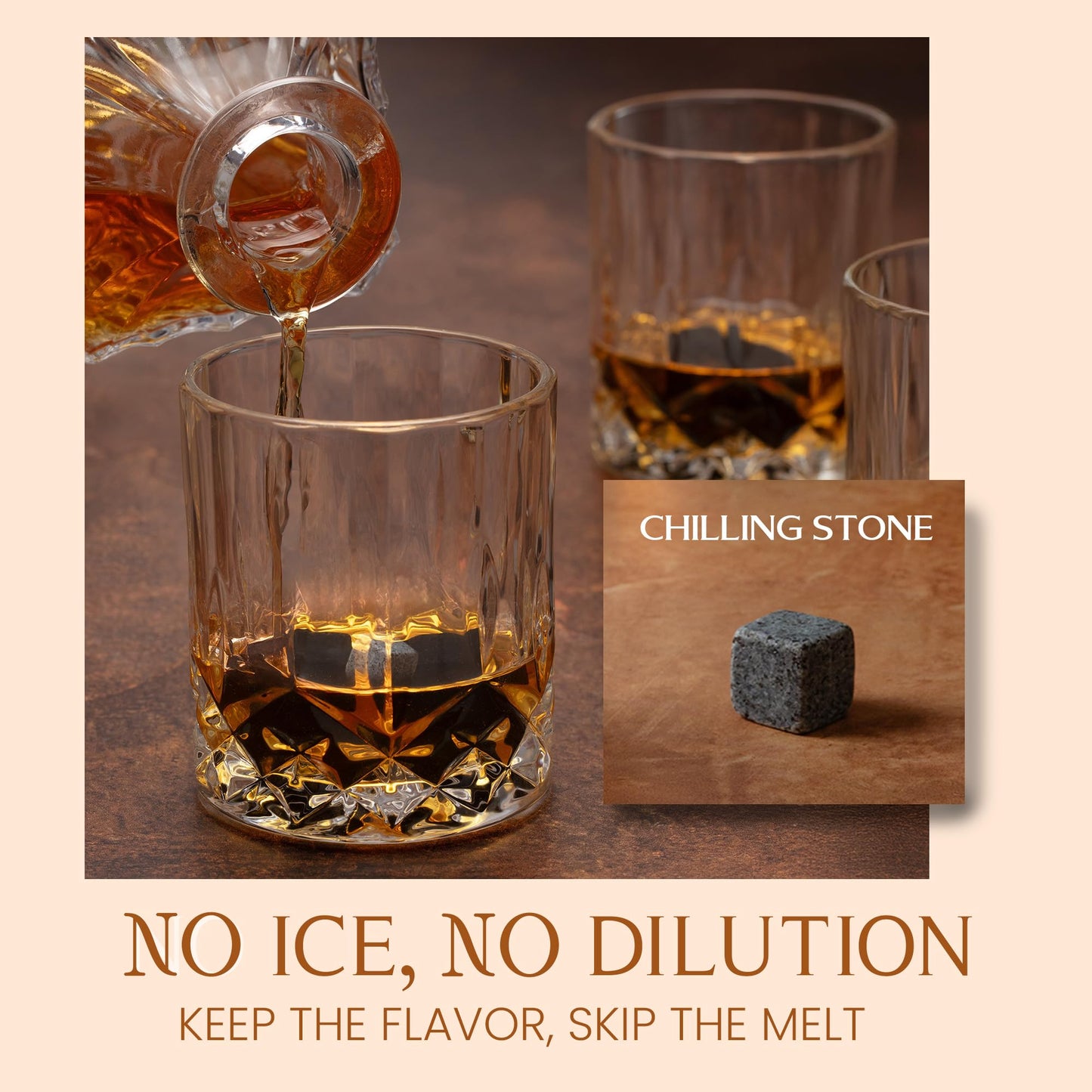 MIXOLOGY & CRAFT Whiskey Decanter Gift Set – 10oz Crystal Whiskey Glasses, Wood Stand & 6 Granite Whiskey Stones – Premium Rocks Glasses Barware Gift for Any Occasion