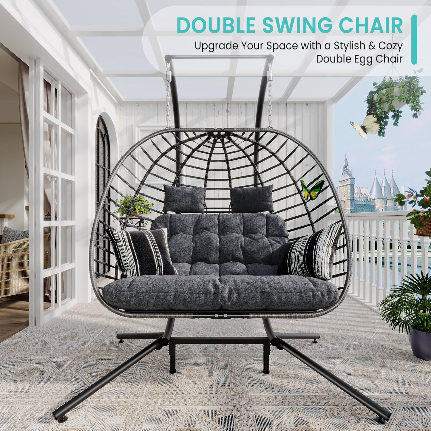 SWITTE Double Egg Swing Chair with Stand, Outdoor Patio 2 Person Hanging Wicker Hammock Chairs with Cushion for Indoor Bedroom, Lawn, Garden-Dark Grey