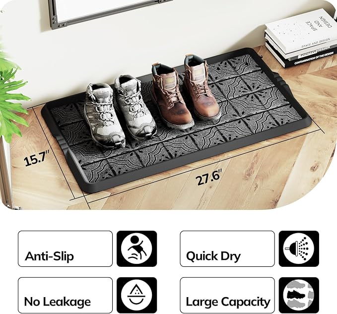 Mibao Heavy-Duty Rubber Boot Tray with Raised Lip, Waterproof Shoe Storage Mat for Entryway, Indoor/Outdoor Multi-Use Non-Slip Shoe Cleaning Mat Tray, Gray, 16 x 27.5 Inches, 2 Pack