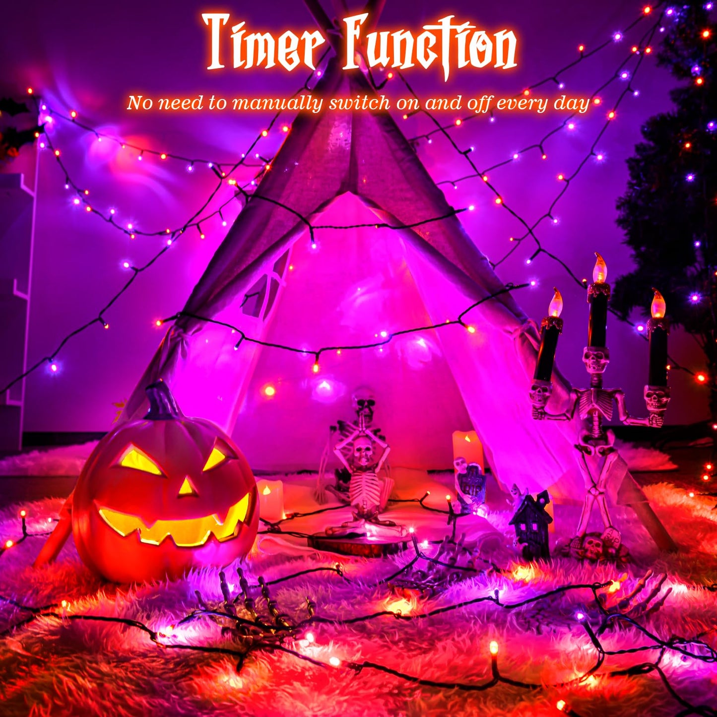 FFZZKJ Halloween Lights String Total 100LED Battery Operated Outdoor 8 Modes with Timer 16.4Ft*2, 50LED*2 Waterproof Fairy Lights Indoor for Halloween Decor, Orange&Purple, 2-Pack