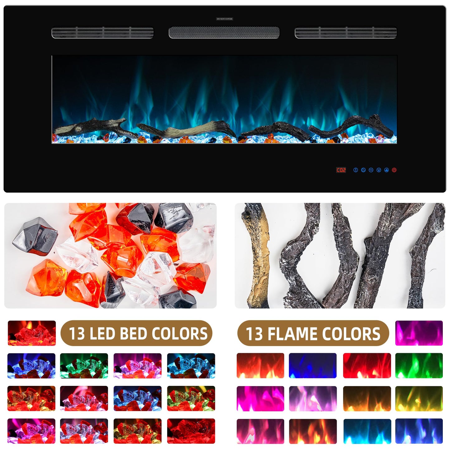 Kentsky 65 inches Electric Fireplace Inserts, Recessed and Wall Mounted Fireplace Heater, Linear Fireplace w/Thermostat, Remote & Touch Screen, Multicolor Flame, Timer, Log & Crystal, 750W/1500W