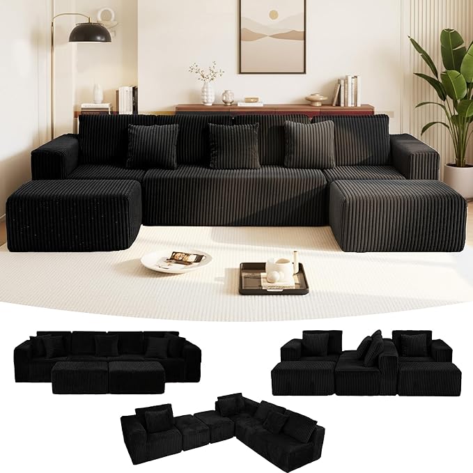 SEENYOO 132" U Shaped Modular Sofa, 4-Seater Sectional Cloud Couch with Chaise, Soft Corduroy Boneless for Living Room, No Assembly Required, Free Configuration, Black