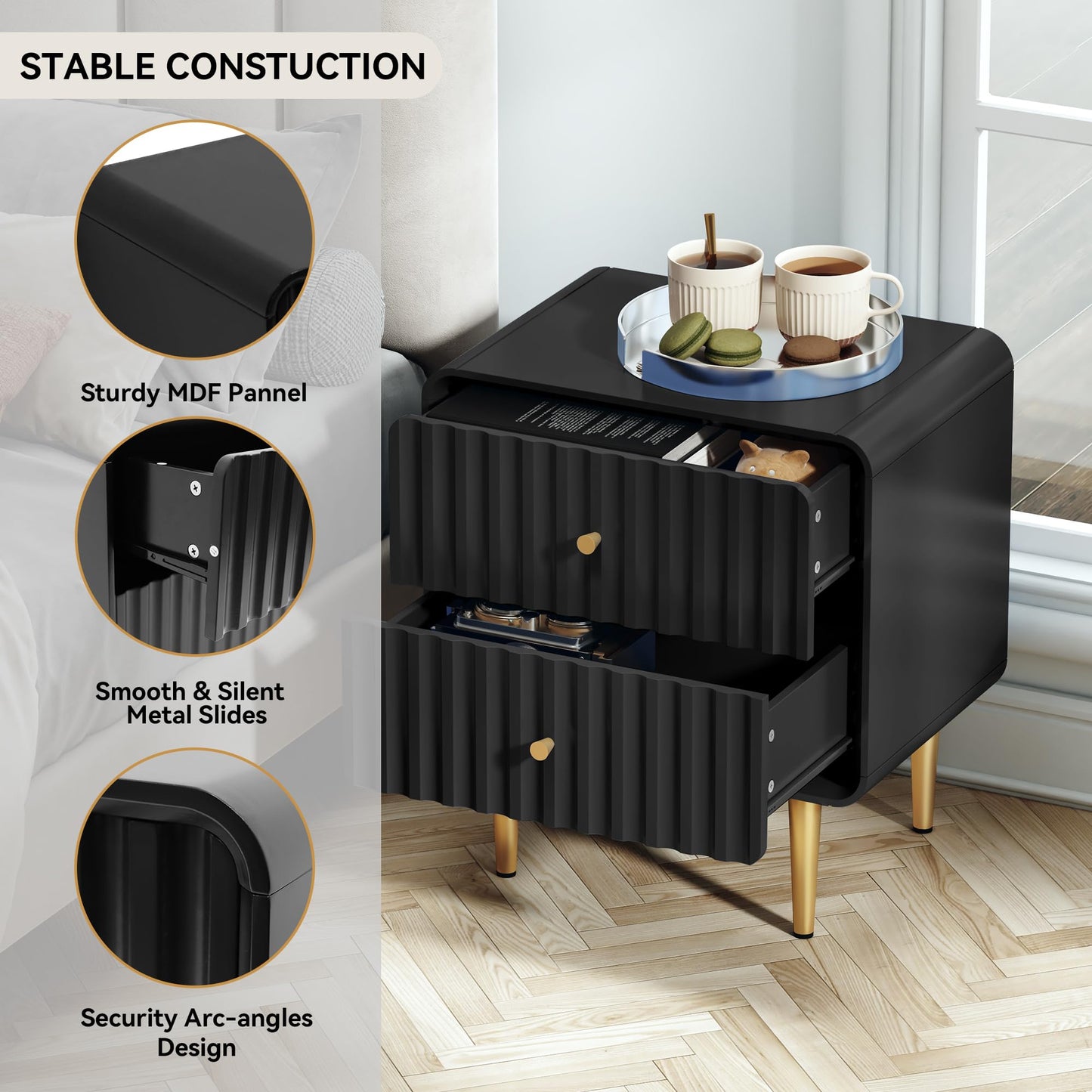 HLR Modern Nightstand, Fluted Bed Side Table with 2 Drawers Storage, Wood End Table with Gold Metal Handle, Black Night Stands for Bedroom