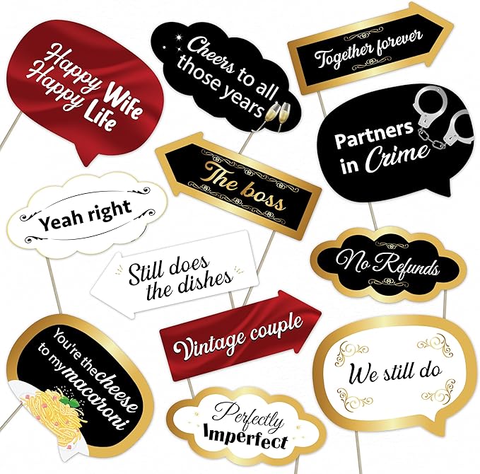 Wedding Anniversary Photo Booth Props Set – Fun Romantic Decorations for Anniversaries, Parties, and Couple Celebrations (12)