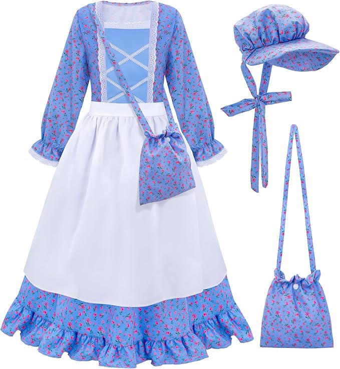 Meland Pioneer Dress for Girls - Colonial Floral Costume with Bonnet, Apron & Purse, Pionner Outfit for Girls 3-10 Years