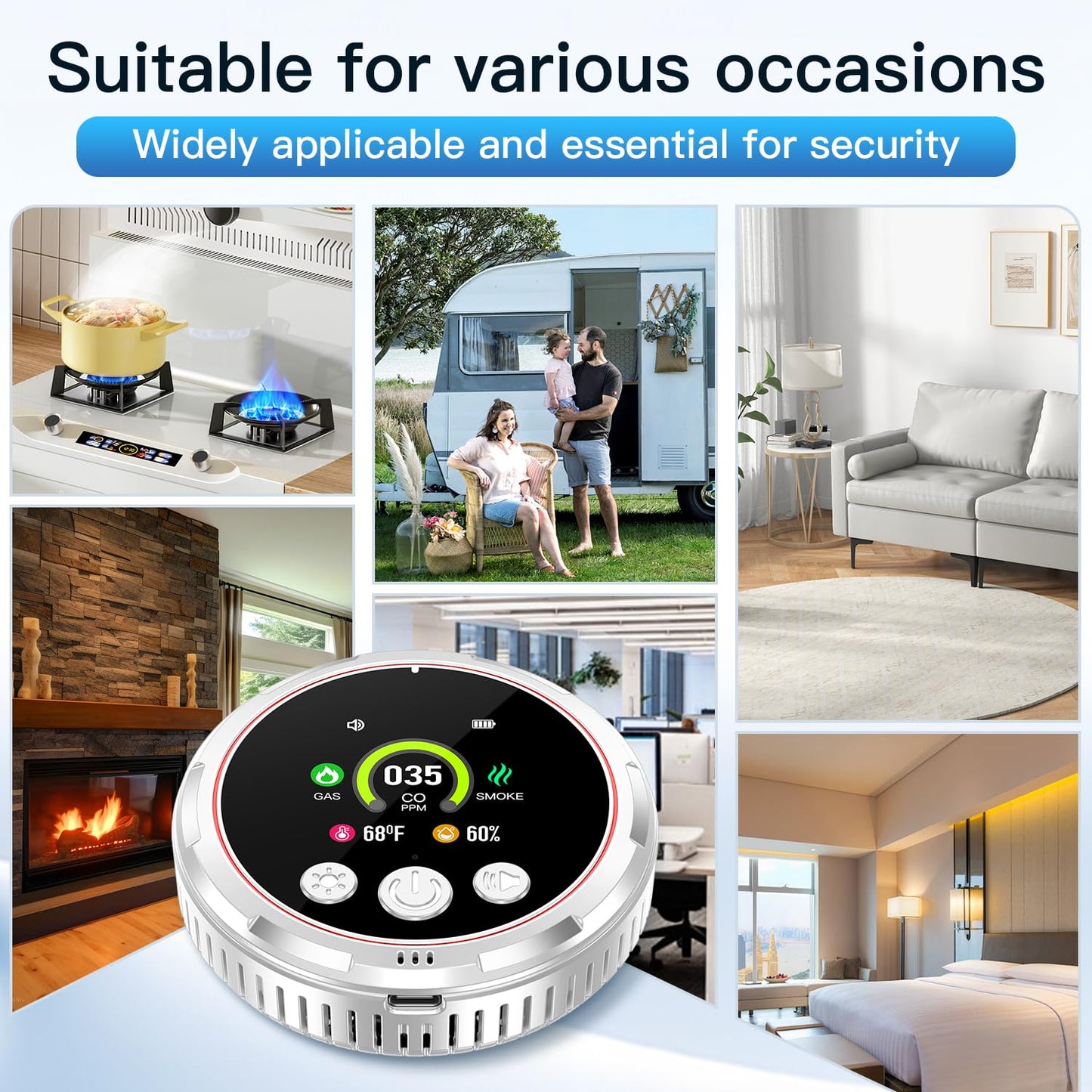 HAKINAKU 5-in-1 Ring Plug in Natural Gas & Smoke & Carbon Monoxide Detectors Combination Built-in 1000mAh Backup Battery 85dB Smoke CO Temp Humidity Senor for Home Hotel Travel (White, 2 Pack)