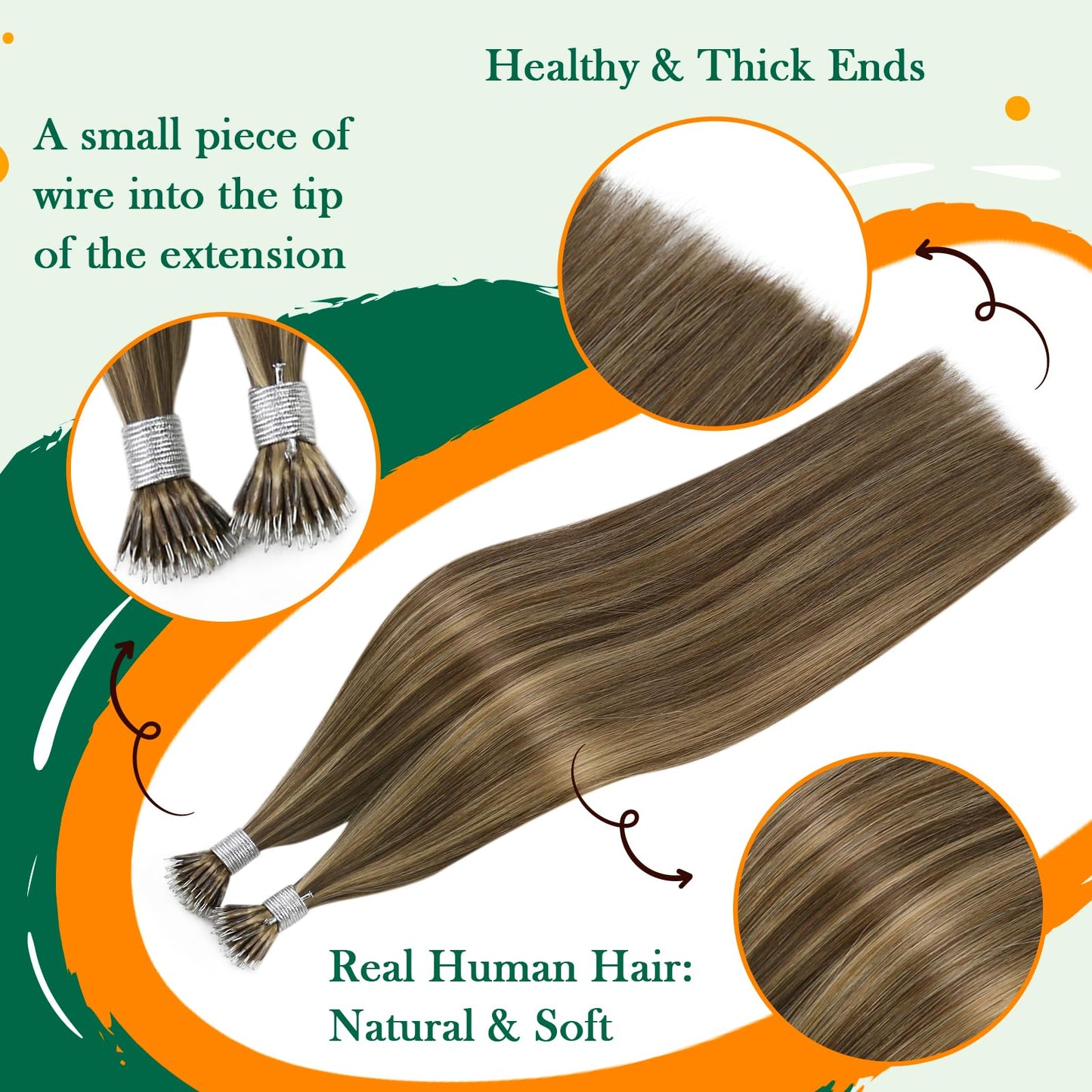 Easyouth Nano Beads Extensions Human Hair Seamless Nano Tip Hair Extensions Real Hair Brown Highlight Strawberry Blonde Nanos Ri
