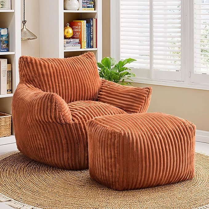 JULY'S SONG Bean Bag Chair with Ottoman for Adults, Fluffy Orange Lazy Couch Sofa Chair with Armrests for Living Room, Bedroom & Dorm