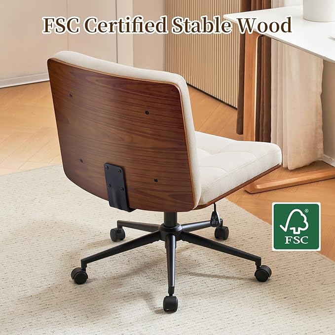 Furnimart FSC Wooden Wide Desk Chair, 360° Swivel Criss Cross Office Chair with Wheels, Comfy Cross Legged Sitting, Armless Height Adjustable Rolling Chair for Bedroom, Office, Vanity (Linen Beige)