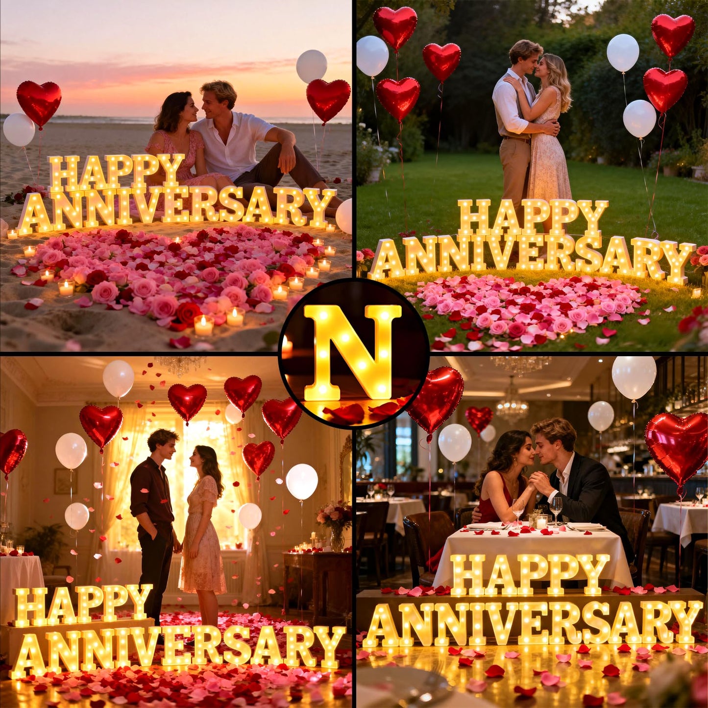 Happy Anniversary Decorations, Light up Letters Sign, with Rose Petals, Round Pearlescent Balloon, Aluminum Balloons, Light LED Neon, Table Decor for Valentine's Day Wedding Romantic Party
