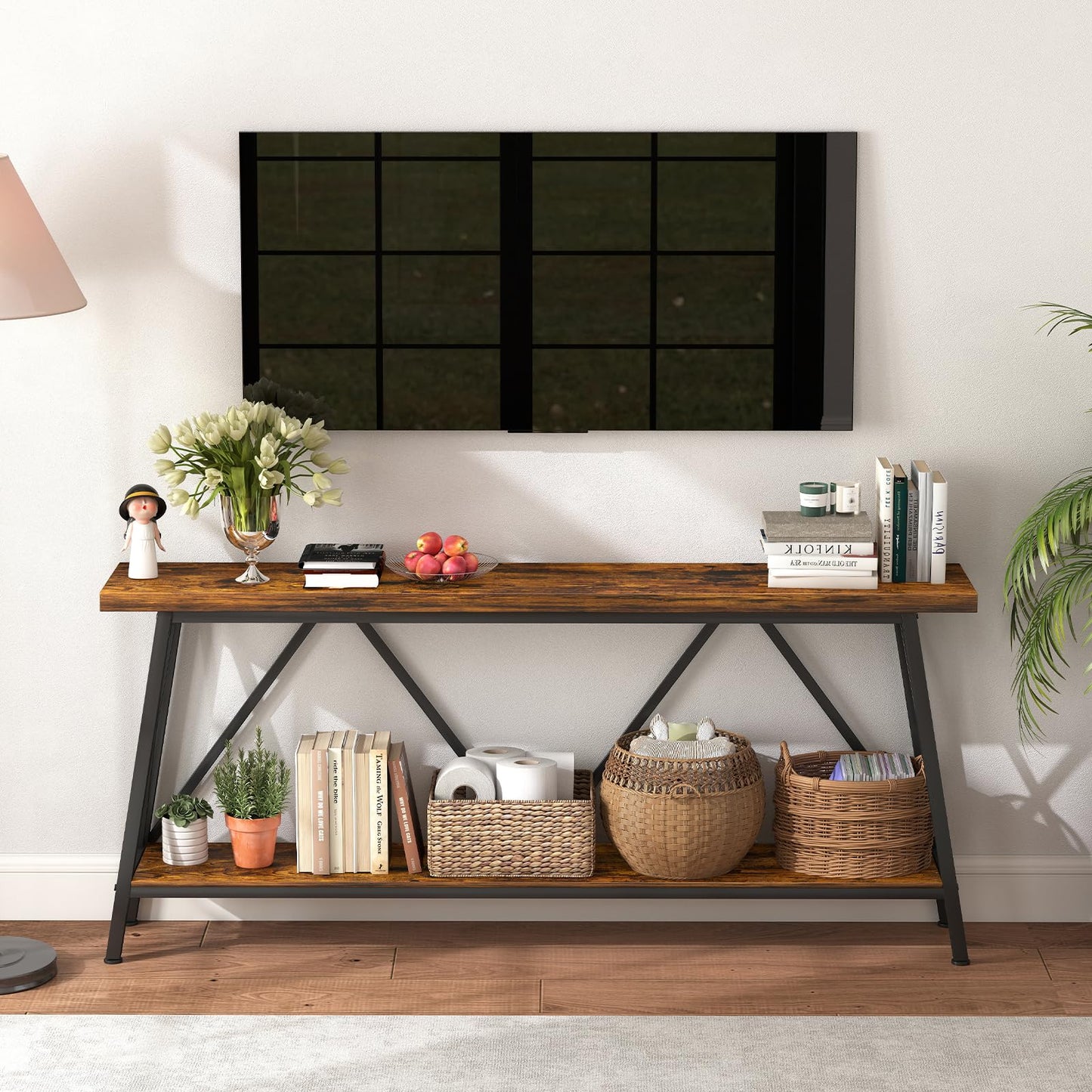 Rovibek 70.9 Inches Extra Long Sofa Table Narrow - Behind Sofa Table with X-Shaped Support, Industrial Console Table Entryway, Hallway Table for Entryway, Living Room, Brown