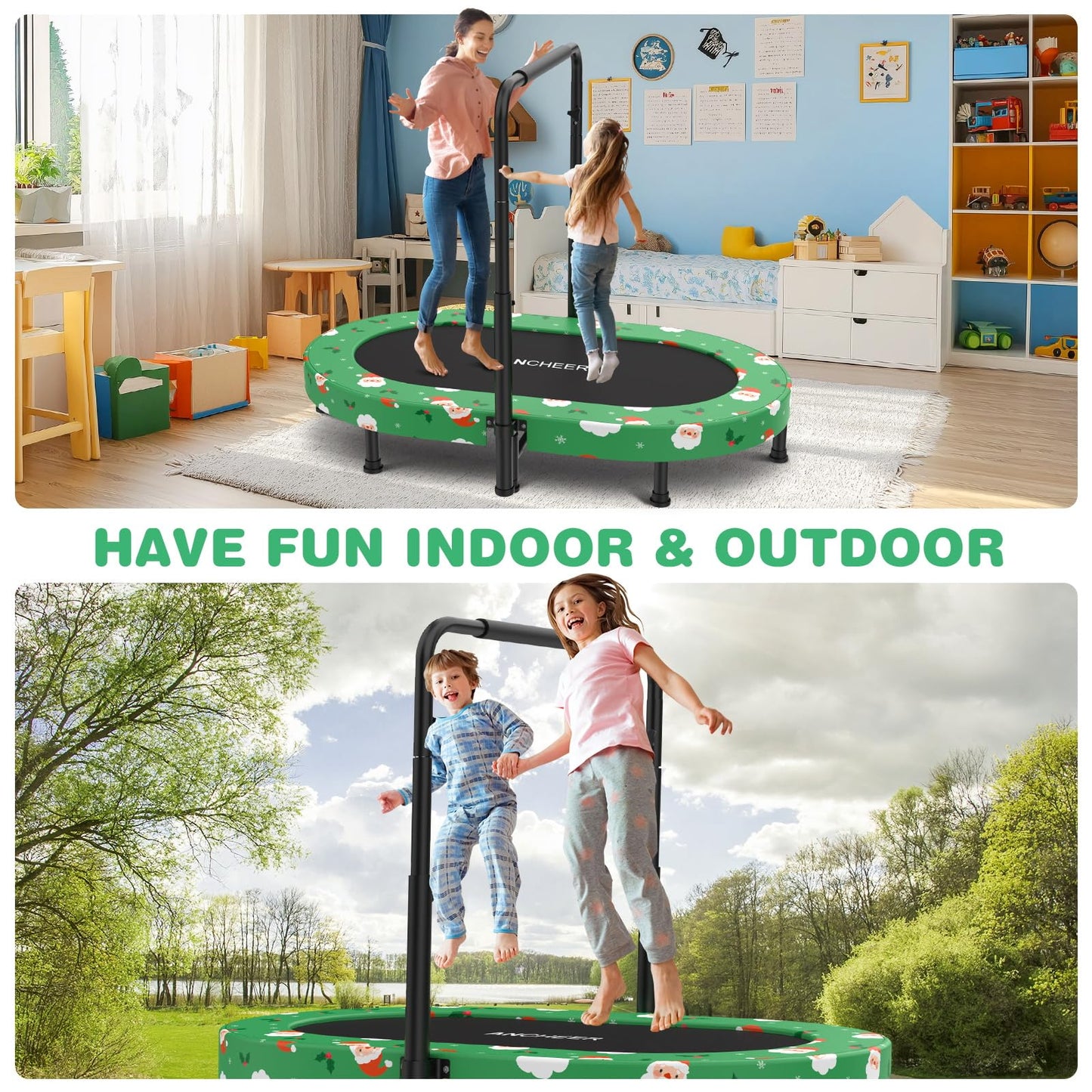 ANCHEER 56" Double Mini Trampoline for Kids, Mini Rebounder with 5-Level Adjustable Handle, Parent-Child Trampoline for Kids, Max Load 220lbs, Fun for Indoor/Outdoor