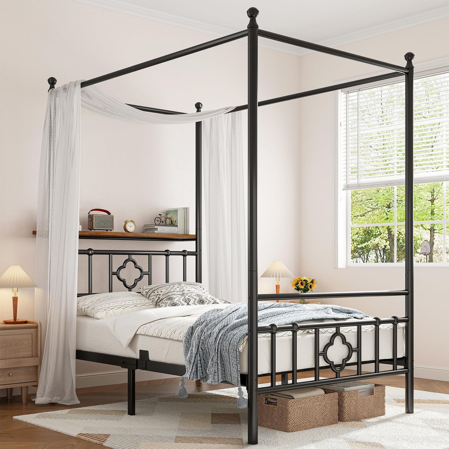Homkdom Canopy Bed Frame with Storage Headboard, Twin Size Bed Frame with 4 Removable Posts, Sturdy Metal Platform with Under-Bed Storage, Dual Purpose Bed Frame, No Box Spring Needed, Black