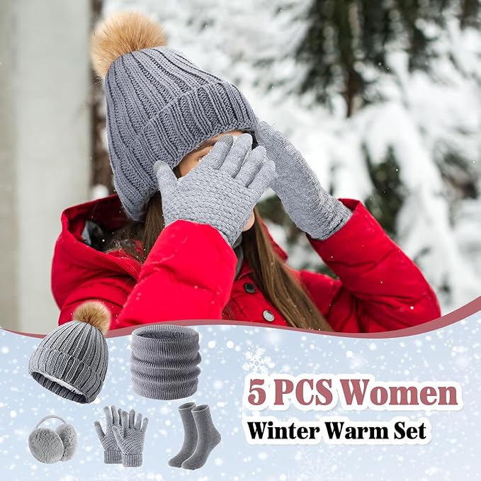SATINIOR 5 Pcs Winter Hat Scarf Gloves Set Fleece Warm Lined Knit Beanie Hat Touch Screen Earmuff Gloves Warmer for Women(Gray,Cool Style)